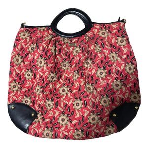 Maggie B Red Quilted Ditzy Floral Print Small Top Handle Tote